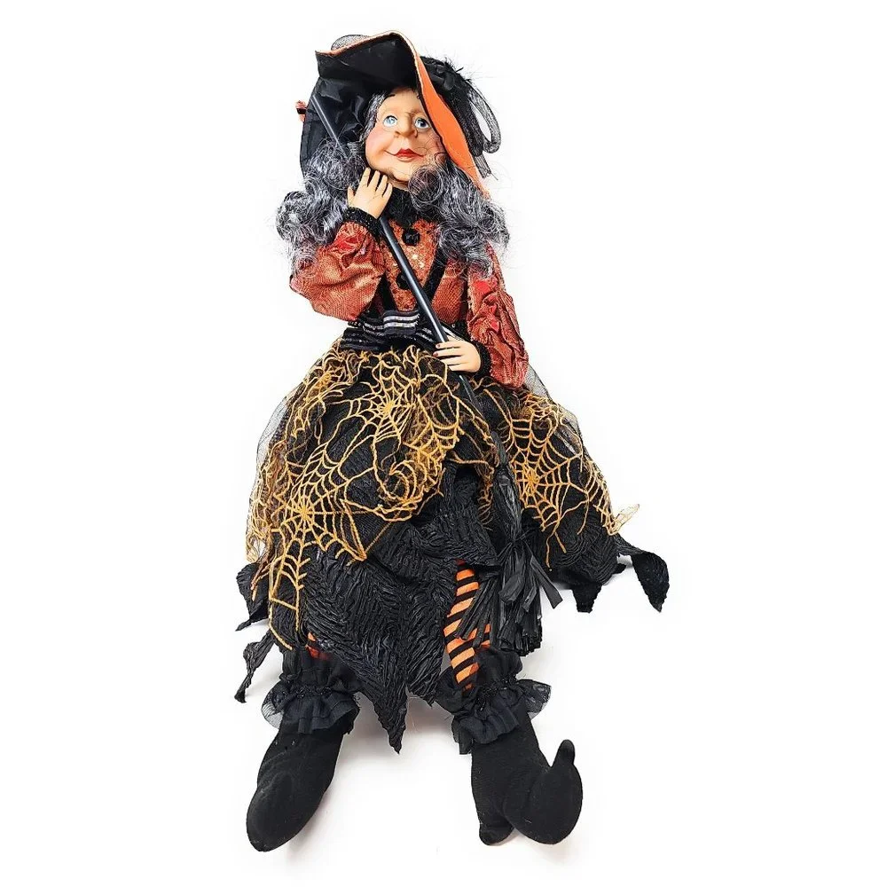 24" Halloween Witch with Spiderweb Skirt and Black Broom, Party Decor Wreath - Picture 2 of 7